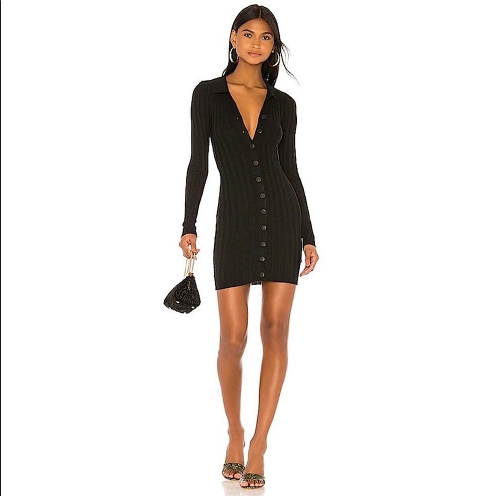 Revolve Lovers + Friends JORDANE BUTTON FRONT DRESS black ribbed long sleeve